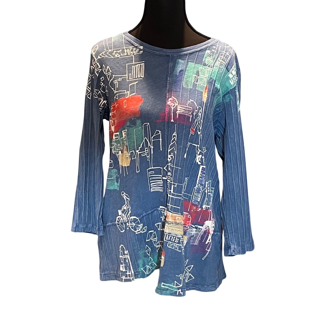 Jess & Jane Blue Cityscape Graphic Slub Cotton Tunic Top S Artsy Lagenlook